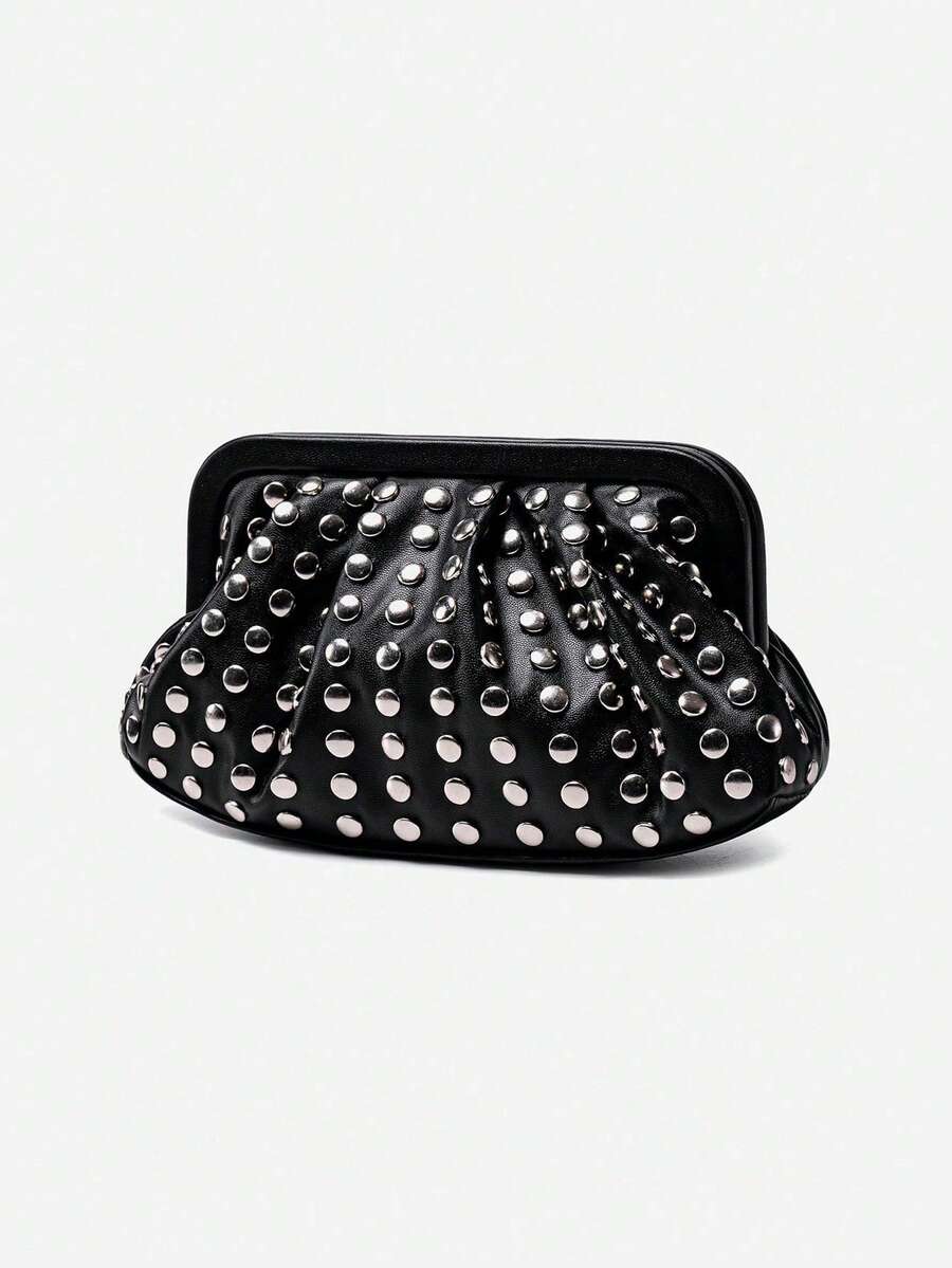 New Fashionable Versatile Features A Pleated Design With Retro Square Metal Trim. Simple Rivet Banquet Bag Niche Design High-End Retro Punk Style Popular Design Commuting Shopping Ladies Black, Cool Style Halloween Purse Perfect For Fancy Party Halloween Fashion & Music Festival Gothic Fashion - Black - View 1