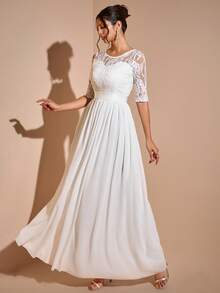 蕾丝拼接极简露背优雅奢华婚纱 - 白色 - 查看 4