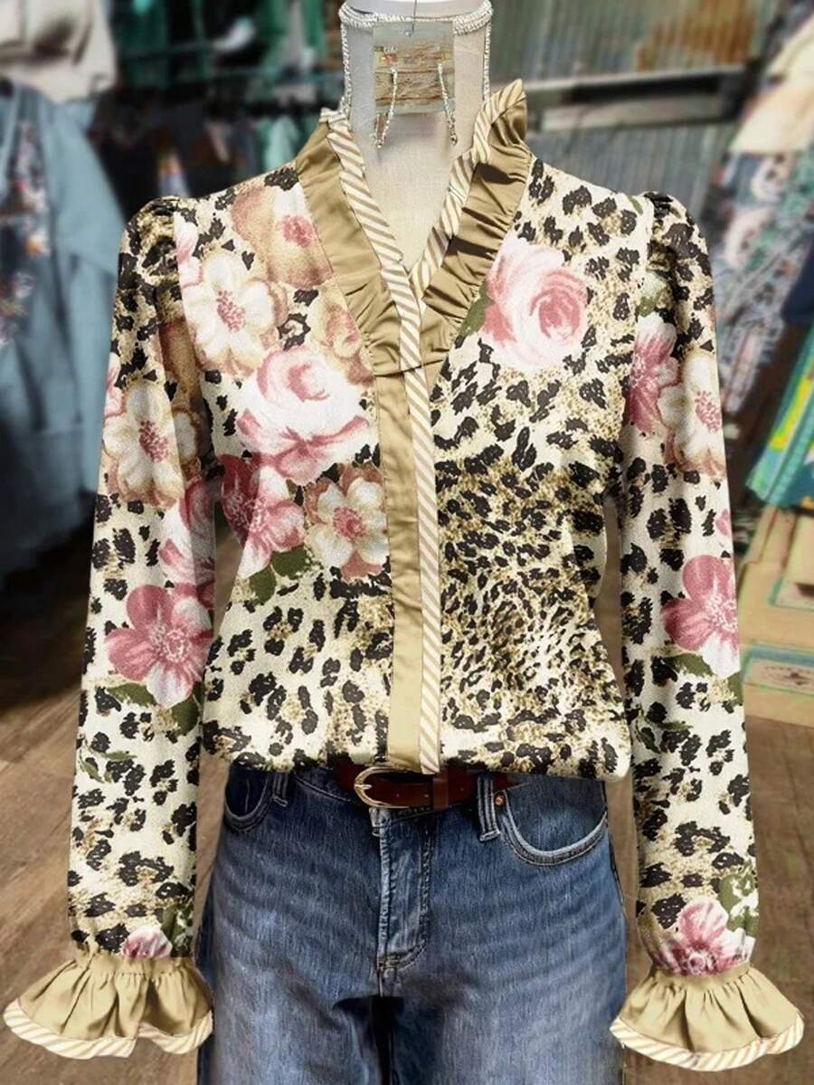 1 Women's Leopard Floral Print Ruffled Collar Long-Sleeve Blouse - Button-Front With Vehicle Neckline Shirt Top , All-Season Casual Shirt For Casual Attire, Non-Stretch Elegant Collar For Dresses To Go With Separate Outfits - 豹紋 - 查看 1