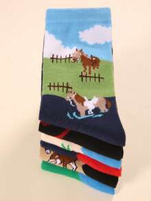 6双装女士个性化动物马年图案专属袜子，男女通用，欧美中筒袜 - 彩色 - 查看 4