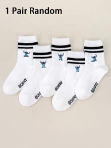 Disney 1/5 Pairs: Stitching Pattern, Stitching Couple Socks, Angel Design Kids Socks, Ruffle Socks, Bubble Socks, Bubble Ruffle Socks, Red & Black Striped White Ankle Socks, Girls Ankle Socks, Boys Ankle Socks, Children Ankle Socks, Daily Wear/Party Gift/Easter/Spring & Summer/Thin - Multicolor - View 12