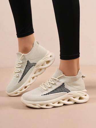 Women Breathable Knit Lightweight Cushioning Hollow Out Sole Lace-Up Sneakers Geometric Pattern Round Toe Low Top Platform Heel Running Shoes Casual Style Women Daily Walking Outdoor Spring Summer Beige Fabric Athletic Sneakers