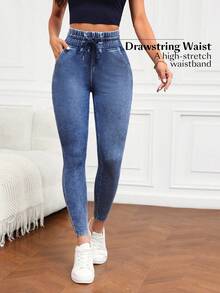 Women's Adjustable Skinny Jeans - Drawstring Waist, Mid-Rise Stretch, Customized Comfort Fit - Medium Wash - View 2