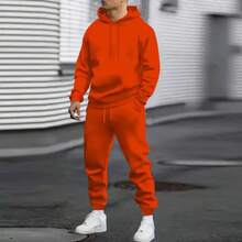 Men's Autumn Suit Casual Sports Solid Color Hoodie Men's Two-Piece Set Loose Sweatshirt Men's Clothing - 橘紅色 - 查看 1