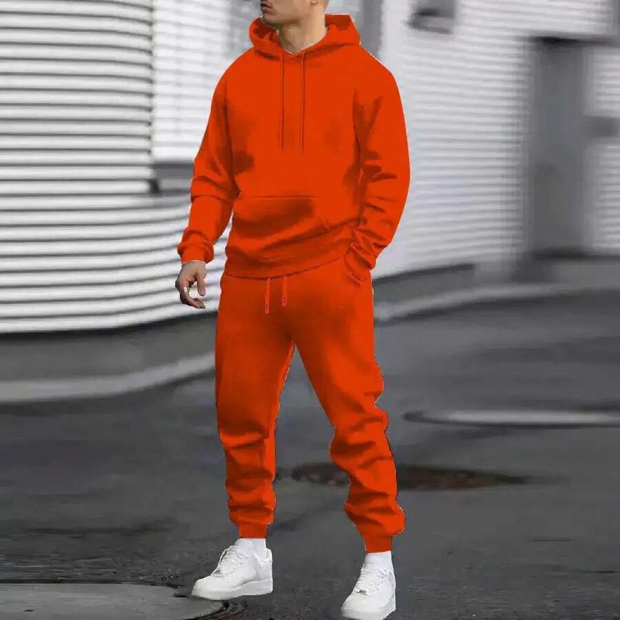 Men's Autumn Suit Casual Sports Solid Color Hoodie Men's Two-Piece Set Loose Sweatshirt Men's Clothing - 橘紅色 - 查看 1