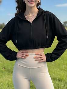 Women's New Lightweight Short Hooded Long Sleeve Activewear - Black - View 2
