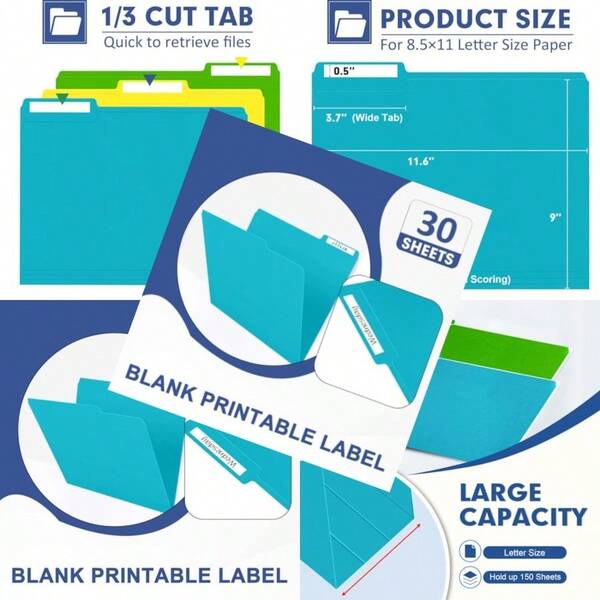 File Folder PANDRI 30 Pack Colored File Folder 1/3 Cut Tabs Letter Size Assorted 6 Colors Filing Folder For Office School Business