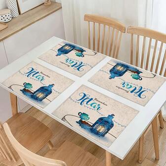 1 pieza/4 piezas Elegante mantel individual beige con diseño de linterna azul para Eid Mubarak Ramadán - Ideal para celebración de Eid, decoración de mesa de fiesta y restaurante, salvamanteles, decoración de tela