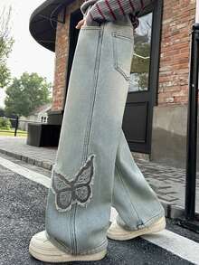 少女松紧腰蝴蝶贴袋阔腿宽松休闲牛仔裤