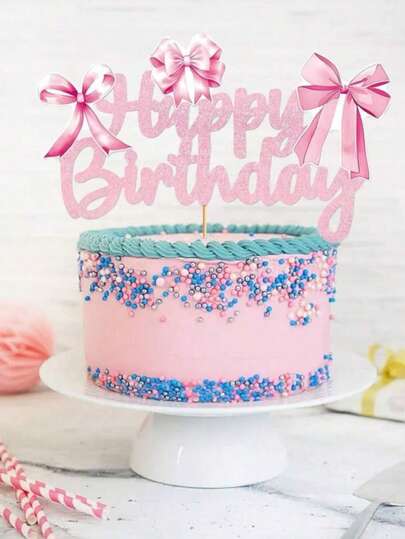 1pc Pink Bow Happy Birthday Cake Topper - Suitable For Princess-Themed Birthday Party Supplies For Women,Valentine's Day,Cake Decorations For Birthday Party Desserts