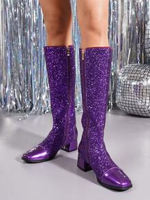 2026 Autumn/Winter Elegant Chunky Heel Tall Boots For Women, New Design, Warm, Side Zipper, Square Toe, High Heel Riding Boots - Purple - View 6