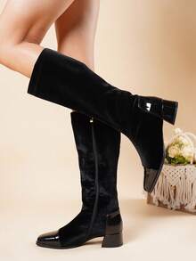 2026 Autumn/Winter New Western Style Side Zipper Over-The-Knee Boots For Women, Square Toe Chunky Heel Tall Elastic Riding Boots - Black - View 6
