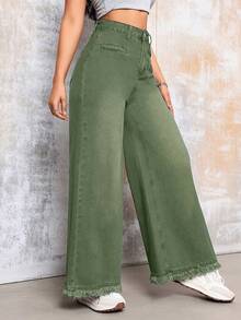 1pc Elegant Wide-Leg Jeans - Solid Color, Suitable For All Seasons, Medium Stretch Woven Fabric - Frayed Hem Detail, Women Casual Spring - Army Green - View 2