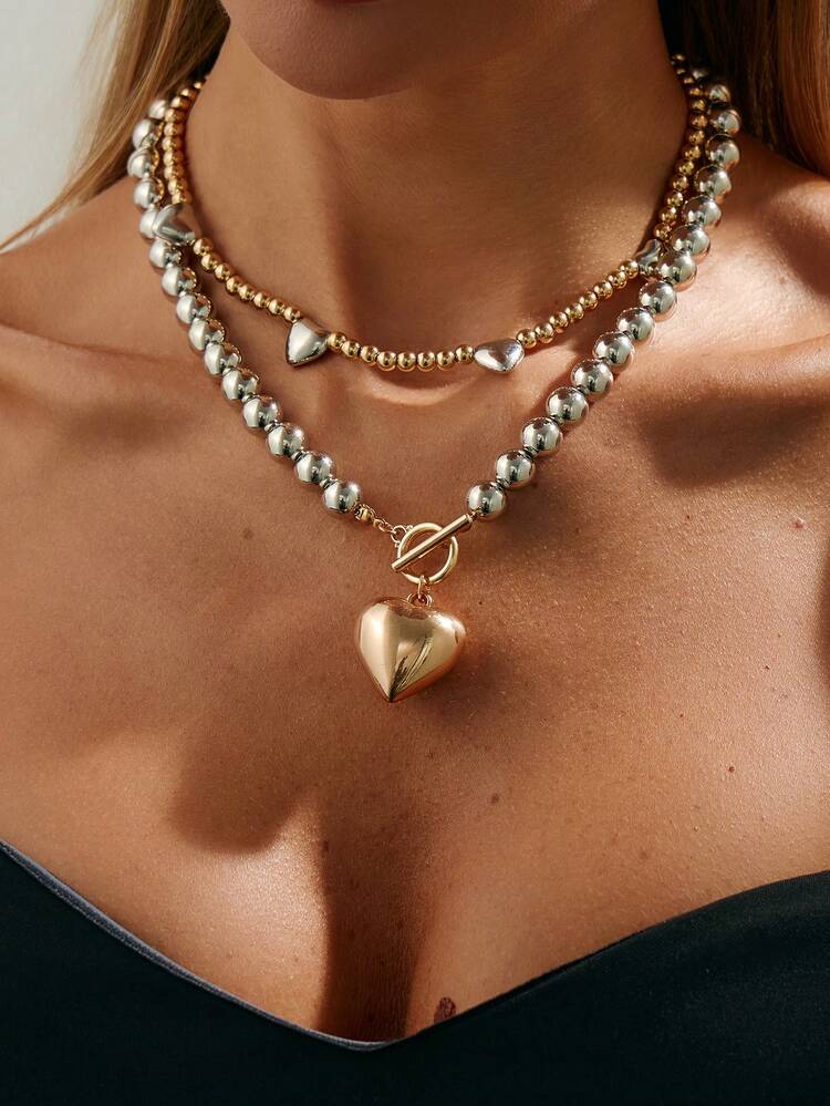 2 peças/Conjunto Colar Pingente de Coração Assimétrico Estilo Boêmio com Pérolas Falsas, Joia Charmosa de Luxo, Presente para Mulheres, Casais, Uso Casual, Festa, Feriado - colar - Visão 15