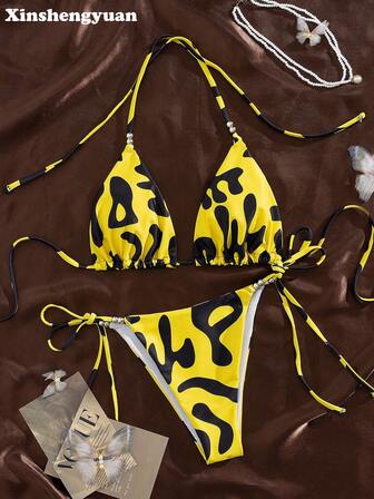 两件套，圣诞节、新年、感恩节、情人节服装，性感优雅显瘦，适合度假海滩和游泳池的比基尼，豹纹露背系带上衣，侧系带女士下装，街头休闲外出海边派对比基尼套装，带珠饰，可拆卸泳衣胸垫