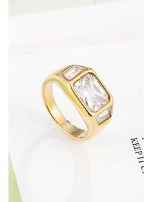 1 Piece 18K Gold Niche High-End Three-Diamond Square  Ring Daily Matching Party Gathering Valentine's Day, Christmas, Birthday Gift - Silver - View 6