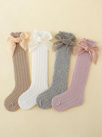 4 Pairs Girls' Solid Color Bow Decor No-Show Crew Socks