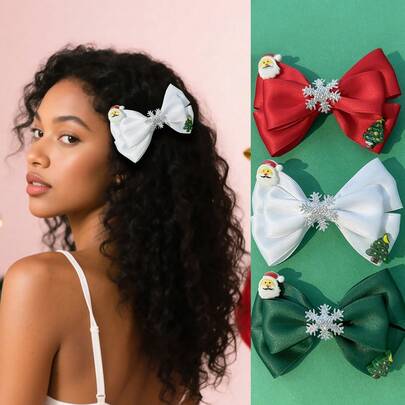 3-Piece Christmas Hair Clip Set, Bow & Snowflake Side Hair Clips For Women Girls, Cute Santa Xmas Hair Accessories, Sweet Festive Party Hairstyle