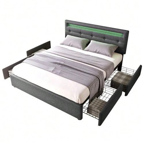 Bed Frame With LED Lighting And 2 Drawers, Single Upholstered Bed 90x200cm, Height-Adjustable Headboard, Wooden Slatted Base, Grey (Mattress Not Included) - 灰色1 - 查看 1