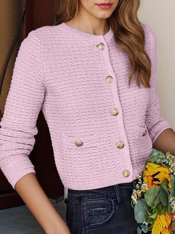 Fashion Button Knit Cardigan - Casual Long Sleeve, Solid Color, Women's Autumn Winter Clothing Fashion Sweater