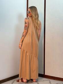 Women's Long Dress, Cotton Knit, Aveloz - CARAMEL - View 2