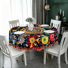 1pc Bohemian Colorful Floral Round Tablecloth, Art Style Dining Table Decor Cloth, Polyester Round Tablecloth. Suitable For Home Living Room, Dining Room, Kitchen, Party And Patio, Indoor And Outdoor Use, Easy To Wash And Clean. - Multicolor - View 3