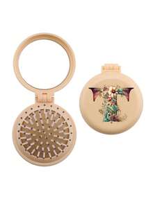 Brodark 1个象牙色和米色花卉图案26字母迷你镜梳，小巧便携，女士必备气垫梳，可折叠气垫按摩梳，镜子和梳子一体设计，旅行和露营配件，返校必备 - 黃色 - 查看 20