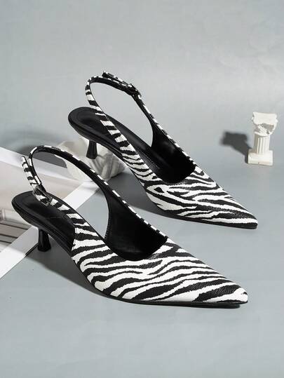 Minimalist Elegant Zebra Print Pointed Toe Ankle Strap High Heel Dress Shoes For Party & Banquet,Kitten Heels