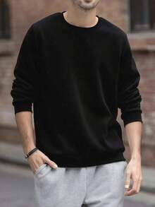 Men's All-Match Crew Neck Sweatshirt, Minimalist Design, Versatile Casual Wear, Essential For Layering, Suitable For Everyday Light Wear, Spring/Autumn2026 - Black - View 2