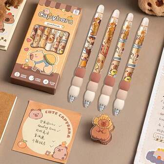 Capybara Ballpoint Pens With Eraser Feature, Capybara Theme Gel Ink Pens - 0.5mm Fine Point Black Ink - Cute Animal Design Gift Set Large-Capacity Multi-Layer Pencil Case, Perfect For Back-To-School And Christmas Gifts