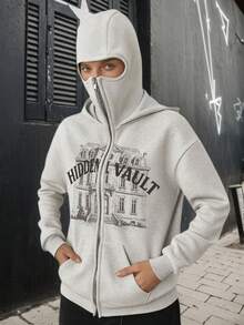 Oversized, langärmeliger Balaclava, Gesichts- und Kopfbedeckung, Leopardenmuster, Damen Doppelkapuzen Reißverschluss-Hoodie mit Tasche, Fleece und Wärme - Hellgrau - Übersicht 4