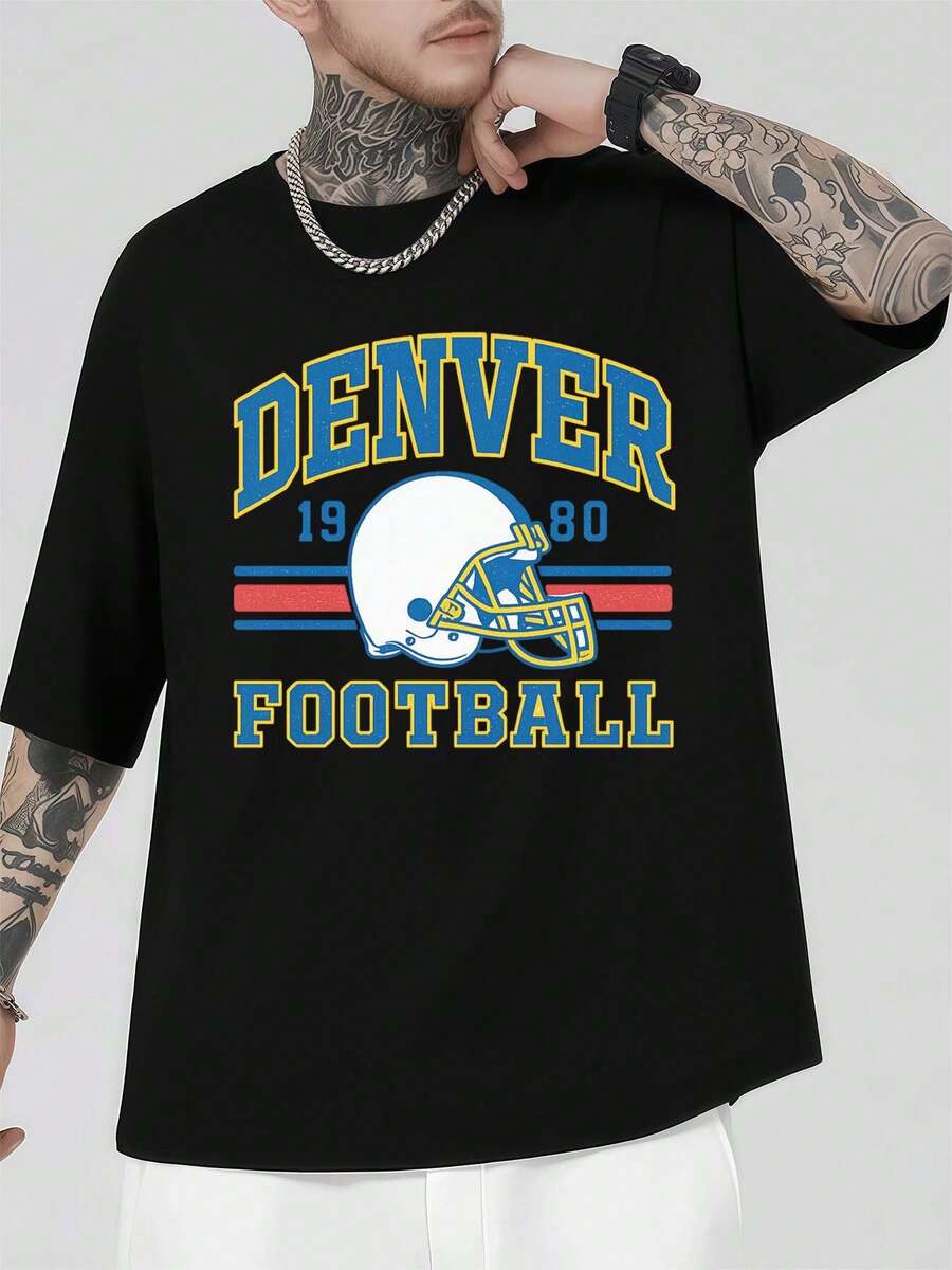 Camiseta con forma de casco de los Denver Broncos, estilo primavera, algodón premium, dise?o gráfico, estilo urbano hip-hop, transpirable - Negro - Ver 1