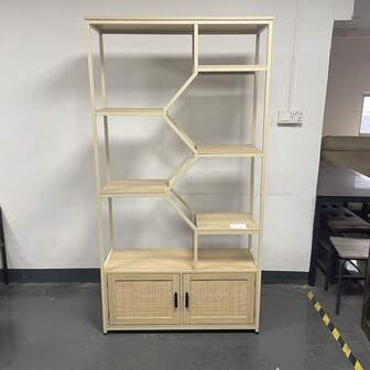 Rattan Bookshelf 7 Tiers Bookcases Storage Rack With Cabinet For Living Room Home Office, Natural, 39.4'' W X 13.8'' D X 75.6'' H.