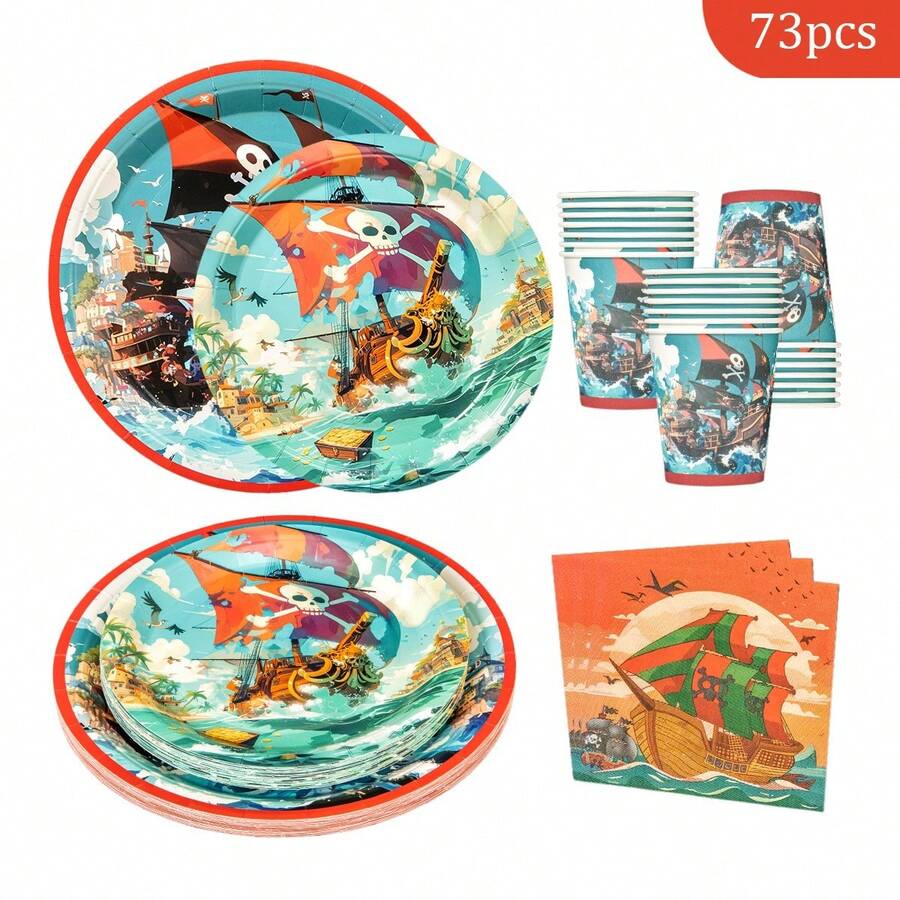 一套宝藏海盗船主题一次性餐盘、餐巾纸、纸杯，可供16位客人使用，一次性纸盘，派对用品，适用于生日、婚礼、聚会、家庭野餐等场合。 - 彩色 - 查看 1