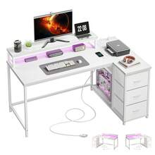 EnHomee 40" L-Shaped Computer Desk With Monitor Stand & 3 Drawers Gaming Desk With Power Outlet And LED Lights For Gaming, Home Office, Study Room - Xem 1