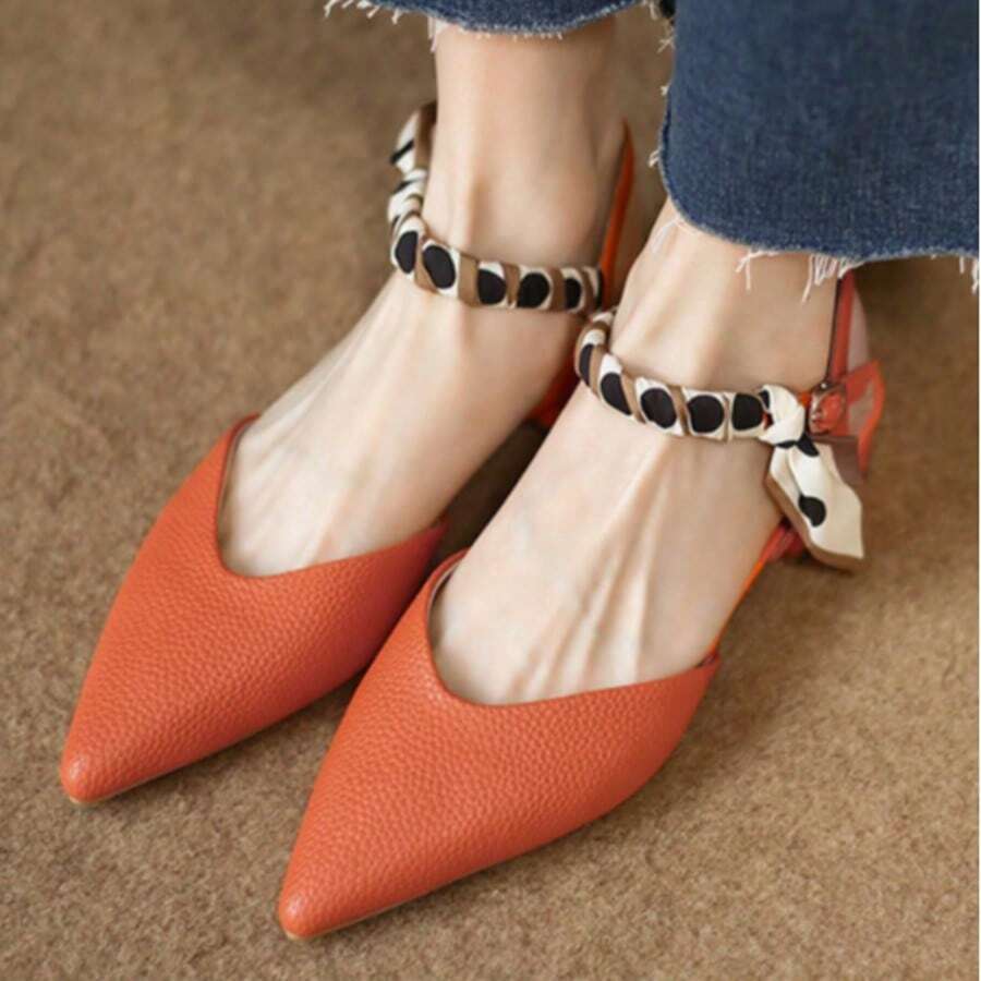 Zapatos de tacón con bloque hueco para mujer Baotou Zapatos de tacón con bloque, puntera puntiaguda y tiras de seda inspirados en - Naranja - Ver 1