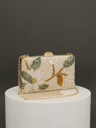 1pc Floral Pattern Handbag, 2025 New Vintage Champagne Sequin Embroidered Flower Chain Evening Bag, Suitable For Party Girls, Brides, Newlyweds, And Office Workers, Parties, Weddings, Mini Box Bag (Random Pattern), Suitable For Work, Business Trips, Outings, Commuting