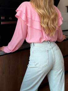 Women's V Neck Ruffle Shirts Fashionable Solid Color Long Sleeve Loose Fit Button Down Blouse - 粉色 - 查看 6