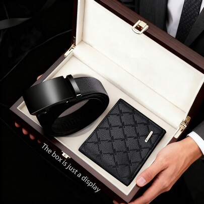 2pcs Men's Wallet And Belt Set, Suitable For Father Or Boyfriend, Corporate Gifts, Formal Wear, Exquisite Gift, Classic Design, Durable Material, Wallet And Belt Combination, Business Professional, Men's Fashion