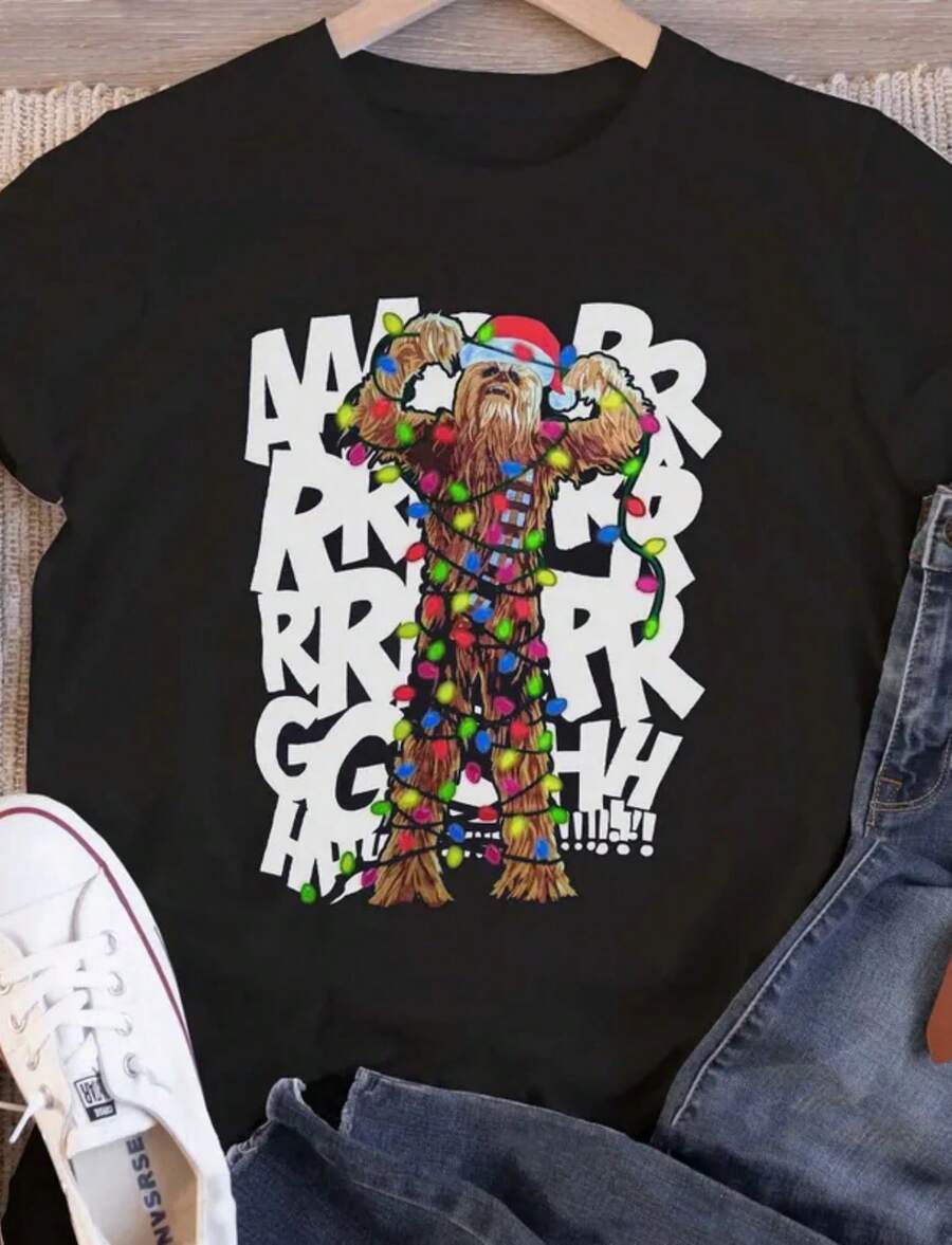 Retro Chewbacca Roar Christmas Lights Shirt, Funny  Chewie Xmas Tee, Disneyland Vacation Holiday Family Gift - Black - View 1