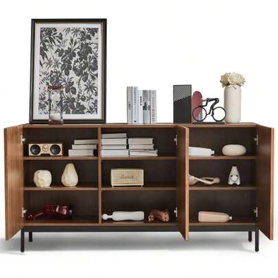 Dark Oak Sideboard With Grain, 150 X 40 X 80 Cm, Mid-Century Modern Decorative Furniture, 3 Doors, 3D Wave Design, Adjustable Shelves, Anti-Tip Device: Stylish Storage For Living Room, Dining Room, Office
