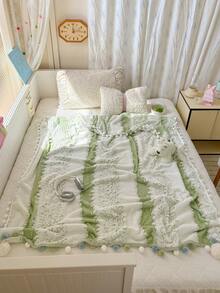 1 chiếc chăn họa tiết sọc hai màu, ấm áp, mềm mại và thoải mái, được trang trí bằng những quả bông mềm mại, thích hợp để trang trí nhà cửa, giường, ghế sofa, văn phòng, phòng ngủ, ký túc xá, có thể giặt máy, thích hợp cho mùa đông và mọi mùa, món quà tuyệt vời dành cho phụ nữ. - màu xanh lá - Xem 7