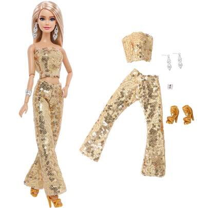 30 cm dockdräkt: Guldfärgad topp, långbyxor, örhängen, skor, armbandsset, prinsessleksak, födelsedagspresent/julpresent (inga dockor ingår)