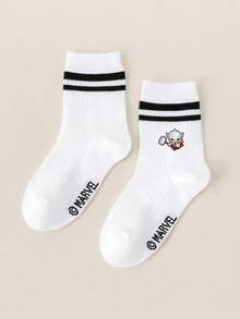 Marvel 1/5 双，Thor 图案儿童袜，荷叶边袜，黑白条纹中筒袜，男女童短袜，柔软透气短袜，防滑乐福袜，可爱卡通短袜，休闲风格，日常穿着 - 彩色 - 查看 8