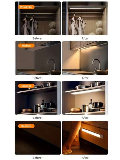 1pc LED Motion Sensor Cabinet Light, Under Counter Closet Lighting, Wireless Magnetic USB Rechargeable Kitchen Night Lights, Battery Powered Operated Verlichting Wardrobe Closets Cupboard Stairs Corridor Shelf Three s,7.87inch/11.8inch/15.7inch/19.7inch view 8
