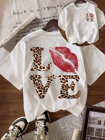 女士休闲圆领短袖T恤，豹纹嘴唇图案，适合所有季节