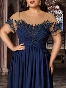 Đầm dạ hội sang trọng màu trơn bằng vải chiffon, phối lưới, xẻ tà cao, thích hợp cho tiệc tùng, đám cưới mùa xuân. - Màu xanh hải quân - Xem 6