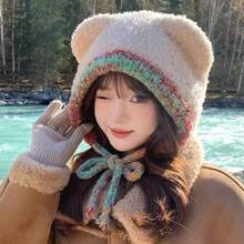 Gorro de punto con estilo Fair Isle para mujer, bolso vintage de doble uso, gorro de lana cálido con protección para las orejas, estilo callejero - Oso de encaje beige - Ver 12