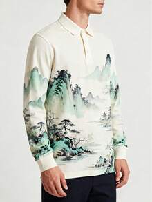 Chinese Style Print Men's Casual Polo Shirt - White - View 3