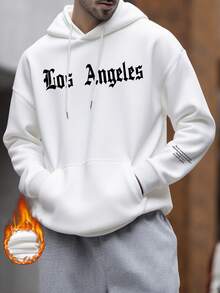 男士洛杉矶字母图案口袋连帽卫衣，秋冬新款 - 白色 - 查看 2